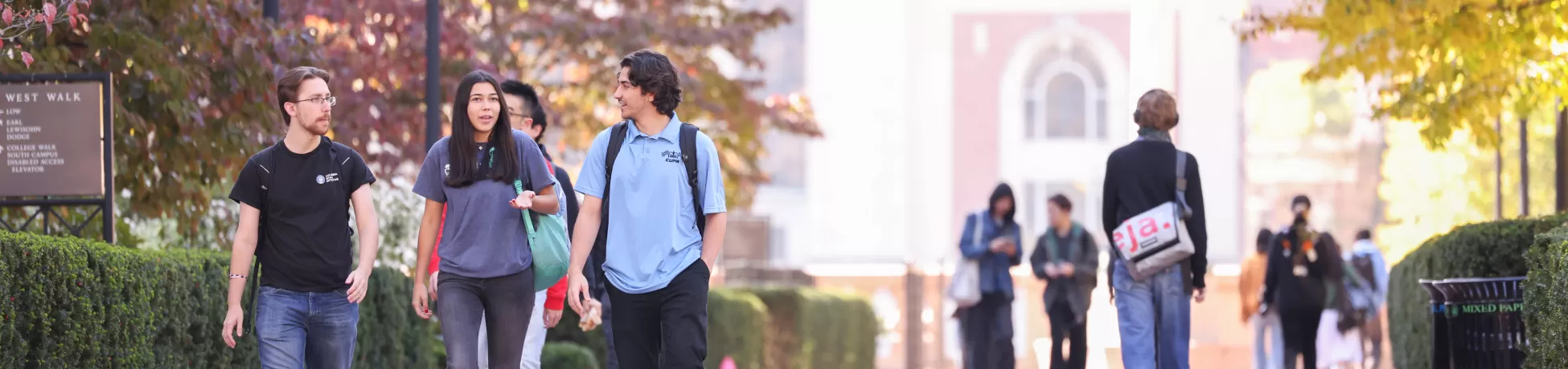 students conversing while walking down a path