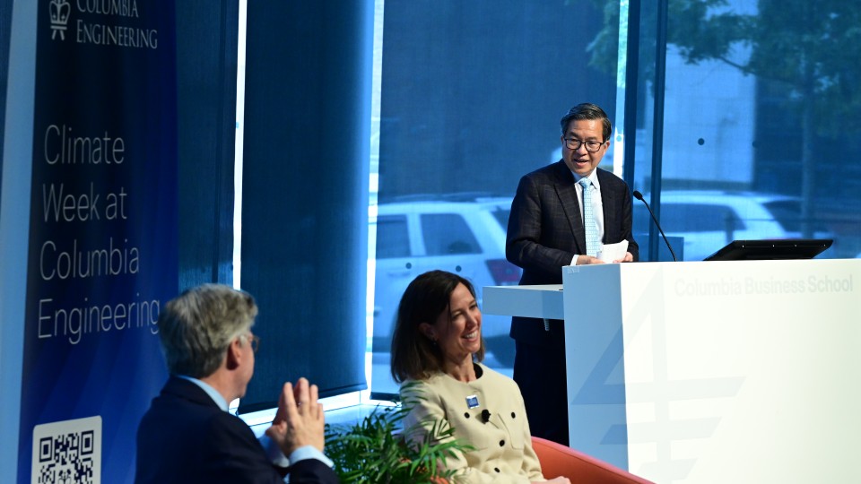 Columbia Engineering Dean Shih-Fu Chang delivers introductory remarks at the Tech CEO lecture, a fireside chat between Climate School Dean Alexis Abramson and Eurolife FFH CEO Alexander Sarrigeorgiou