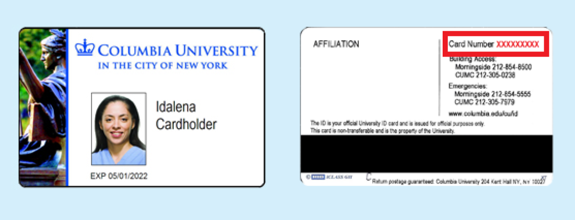 front and back of columbia university ID, highlighting card number