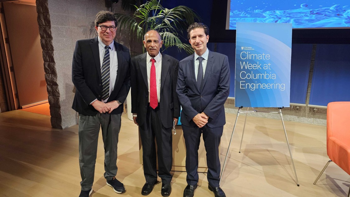 From left to right: George Deodatis, vice dean for research at Columbia Engineering; Upmanu Lall, director of Columbia Water Center and director of the Water Institute at Arizona State University; and Alex Loucopoulos of Sciens Water