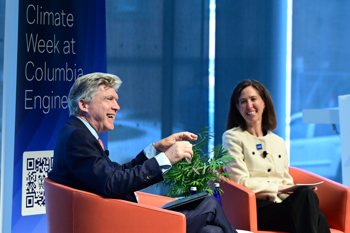 Alexander Sarrigeorgiou (left) in conversation with Climate School Dean Alexis Abramson at the Tech CEO ‘fireside chat’