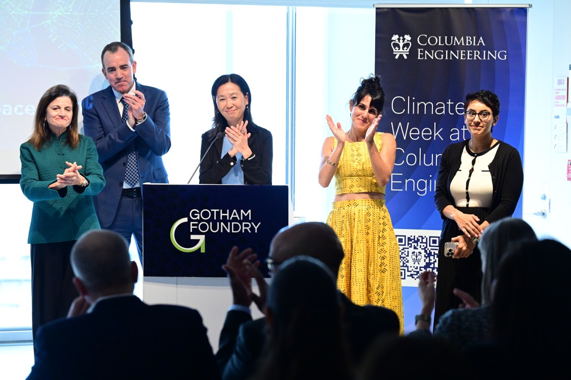 From left to right: Kate Ascher, co-director of Gotham Foundry (GF) and professor of practice of urban development at Columbia; Rein Ulijn, co-director of GF and founding director of the CUNY ASRC Nanoscience Initiative; Helen Lu, director of GF and Percy K. and Vida L.W. Hudson Professor of Biomedical Engineering; Theanne Schiros, co-director of GF and associate professor at FIT; and Neena Chakrabarti, board member at Genspace.